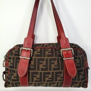 Fendi Zucca Canvas & Red Leather Handbag